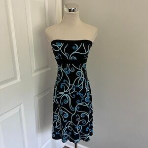 Y2K BLUE‎ AND BLACK KONA FLORAL PRINT STRAPLESS MIDI DRESS
